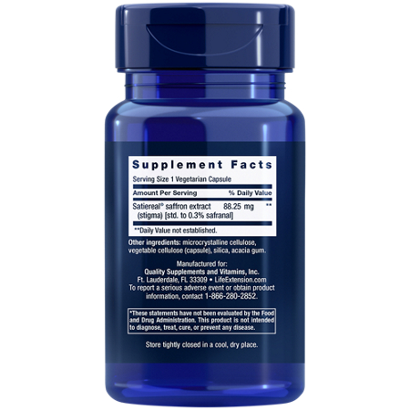 Supplement Facts label for Life Extension Optimized Saffron with Satiereal