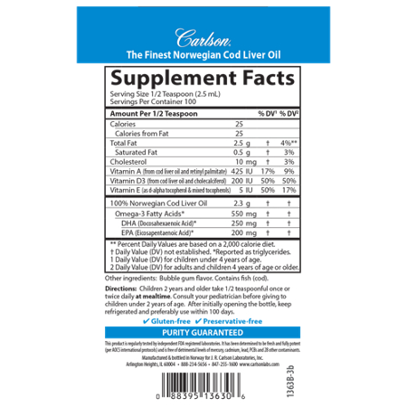 Supplement Facts for Carlson Cod Liver Oil Omega 3s