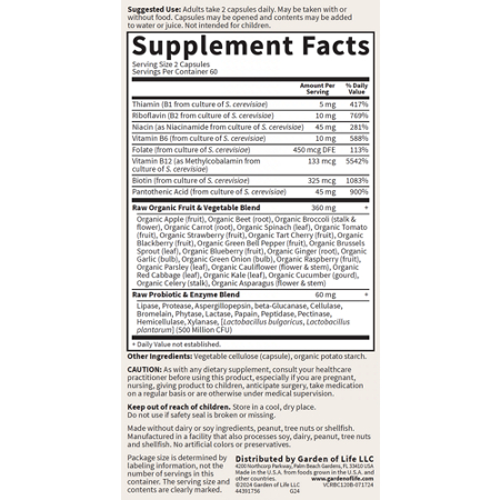 Supplement Facts label for Garden of Life Vitamin Code Raw Vitamin B-Complex