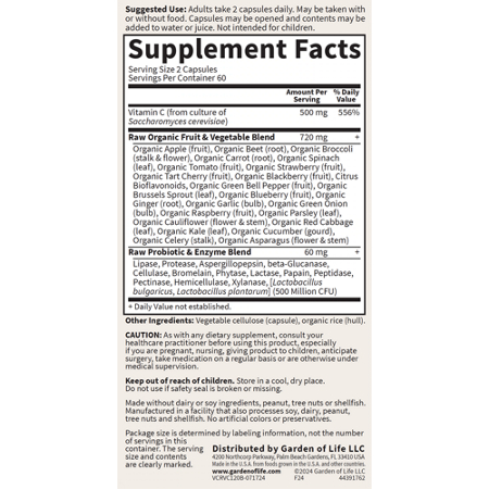 Supplement Facts label for Garden of Life Vitamin Code Raw Vitamin C 500 MG