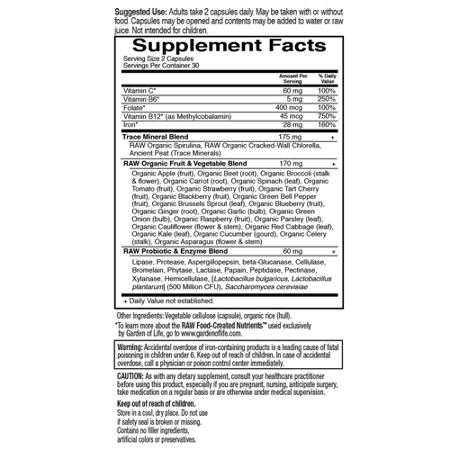 Supplement Facts label for Garden of Life Vitamin Code Iron Capsules 28 MG