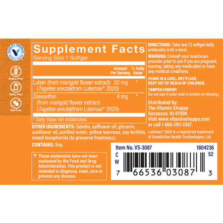The Vitamin Shoppe Lutein label: Vision & Skin Health Support