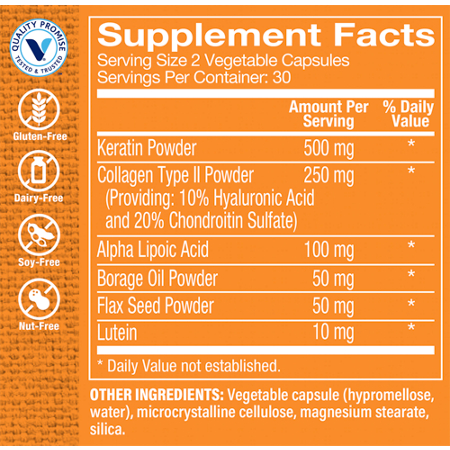 Supplement Facts label for Elements for Hair Skin and Nails capsules 500 MG