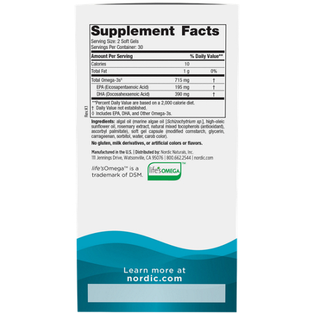 Supplement Facts label for Nordic Naturals Algae Omega