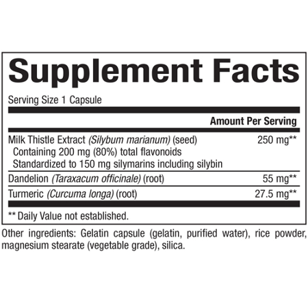 Supplement Facts label for Natural Factors Milk Thistle 150 MG Capsules