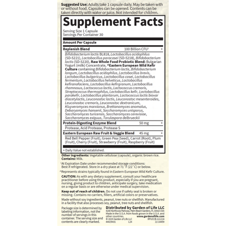 Supplement Facts label for Garden of Life Raw Probiotics 100 Billion