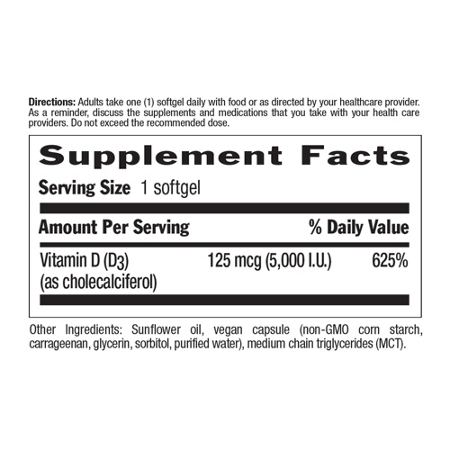 Supplement Facts label for Country Life Vegan Vitamin D3 5000 IU