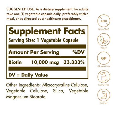 Supplement Facts label for Solgar Super High Potency Biotin 10000 MCG