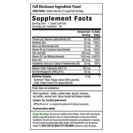 Supplement Facts label for Irwin Naturals Mega B-Complex Liquid Softgels