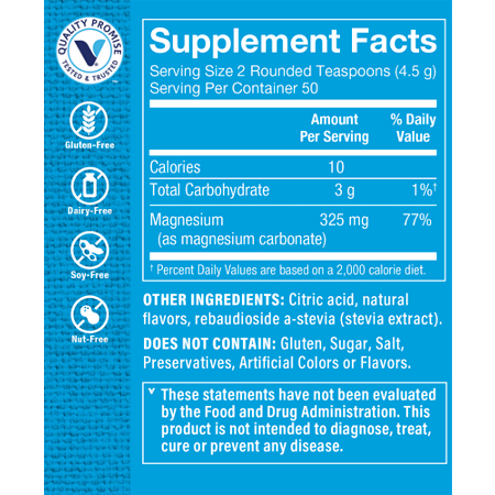 Supplement Facts label for Calm Zone Magnesium Powder 325 MG