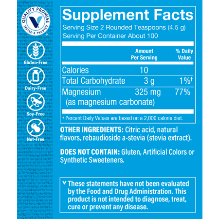 Supplement Facts label for Calm Zone Magnesium Powder 325 MG