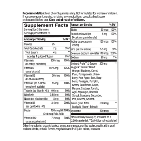 Supplement Facts label for Natures Way Alive Mens 50 Plus Gummy Multivitamin
