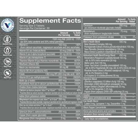 Supplement Facts label for Ultimate Man Gold Multivitamin Multimineral