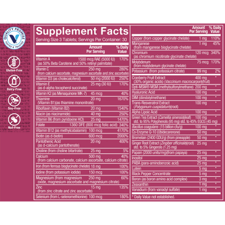 Supplement Facts label for Ultimate Woman Gold Multivitamin Tablets