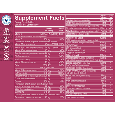 Supplement Facts label for Ultimate Woman Gold Multivitamin and Multimineral