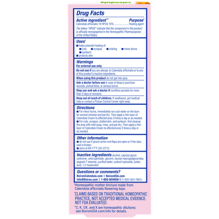 Drug Facts label for Boiron Calendula Cream for First Aid