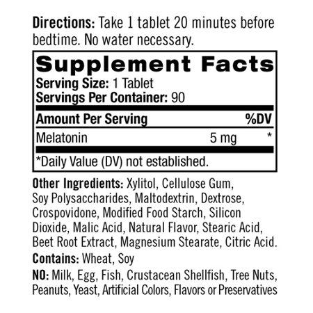 Natrol Melatonin 5 MG Fast Dissolve Supplement Label