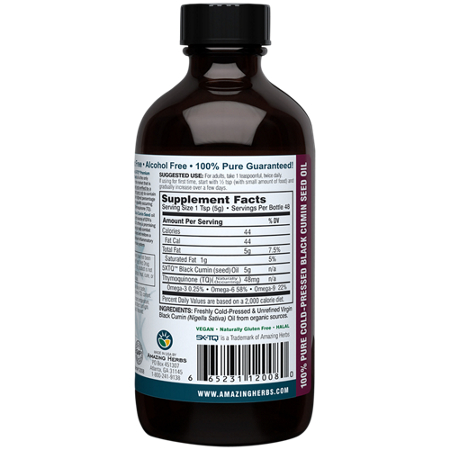 Premium Black Seed Oil by Amazing Herbs bottle back