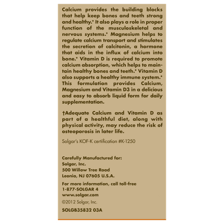 Directions for Solgar Liq Cal Mag Cit D3 Org Van Liquid