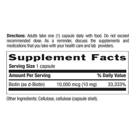 Supplement Facts label for Country Life Biotin 10 MG