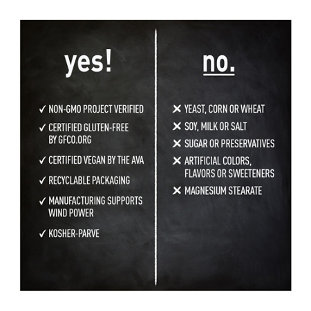 Yes and no list of features including non-GMO and no artificial colors.