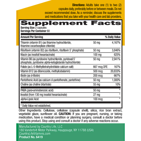 Supplement Facts label for Country Life Coenzyme B-Complex with Methylfolate