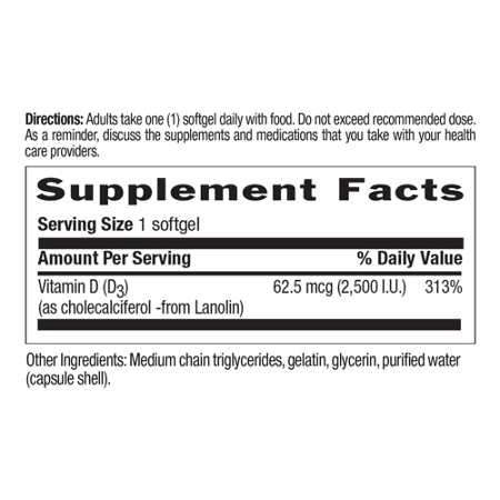 Country Life Vitamin D3 2500 IU Supplement Facts Label