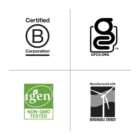 Certification seals including Certified B Corporation and Non-GMO Tested.