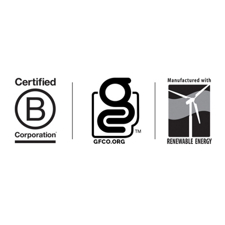 Certified B Corporation GFCO Manufactured with Renewable Energy logos