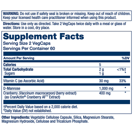 Supplement Facts label for Solaray D-Mannose with CranActin 400 MG Cranberry