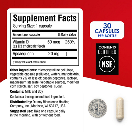 Supplement Facts label for Quincy Bioscience Prevagen Extra Strength