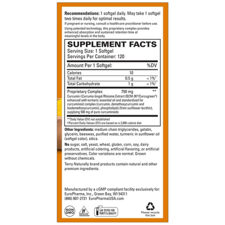 Supplement Facts label for Terry Naturally CuraMed softgels 750 MG