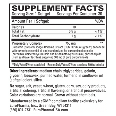 Terry Naturally CuraMed Curcumin 750 MG Supplement Label