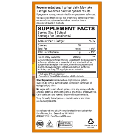 Supplement Facts label for Terry Naturally CuraMed Curcumin 750 MG
