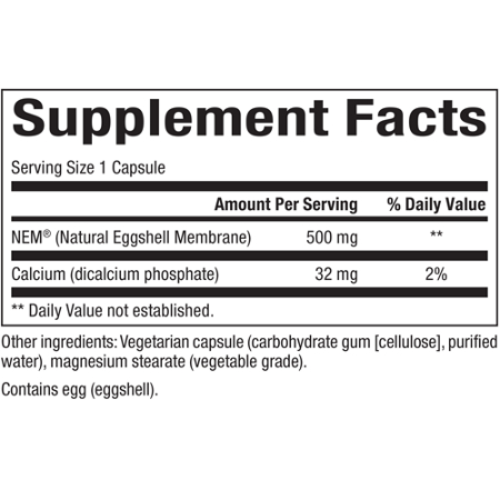 Supplement Facts label for NEM Eggshell Membrane 500 MG