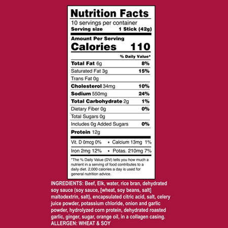 Supplement Facts label for Ostrim High Protein Beef & Elk Snack Stick Teriyaki