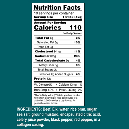 Nutrition label for Ostrim High Protein Beef & Elk Snack Stick Sweet & Spicy