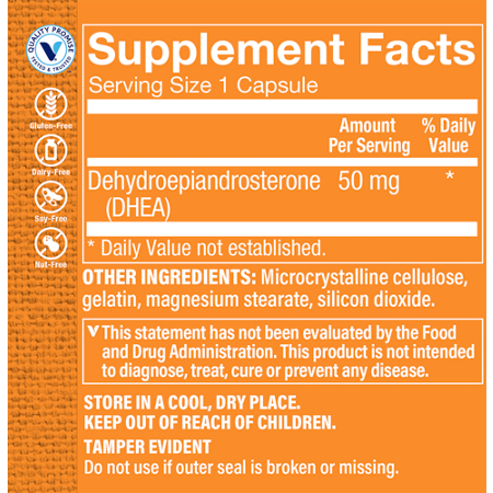 Supplement Facts label for DHEA Hormonal Support capsules 50 MG