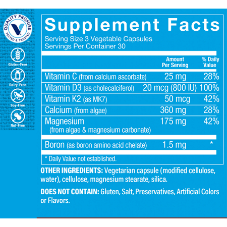 Supplement Facts label for Plant Based Calcium Bone Formula Vegetarian Capsules