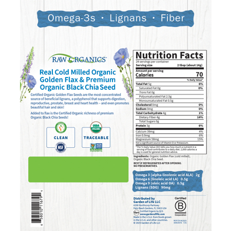 Supplement Facts label for Raw Organic Flax & Chia Blend