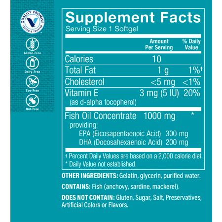 Supplement Facts label for Omega-3 Fish Oil EPA DHA 500 MG