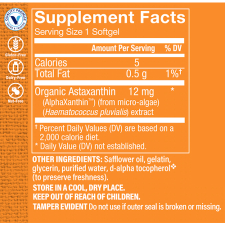 Astaxanthin 12 MG Eye Health Supplement Facts Label