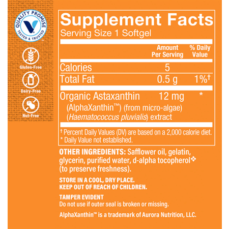 Supplement Facts label for Astaxanthin Antioxidant Support Eye Health 12 MG