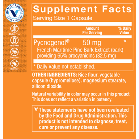 Supplement Facts label for Pycnogenol Products Pycnogenol 50 MG capsules