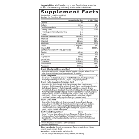 Label for Garden of Life Raw Organic Greens Powder