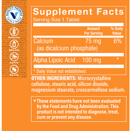 Alpha Lipoic Acid Supplement Facts Label, 100 MG