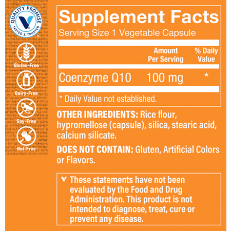 CoQ10 Supplement Facts Label, 100 MG