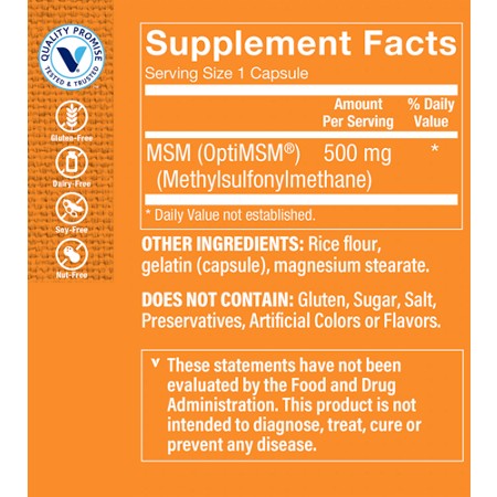 Supplement Facts label for MSM Joint Support Healthy Cartilage Capsules 500 MG