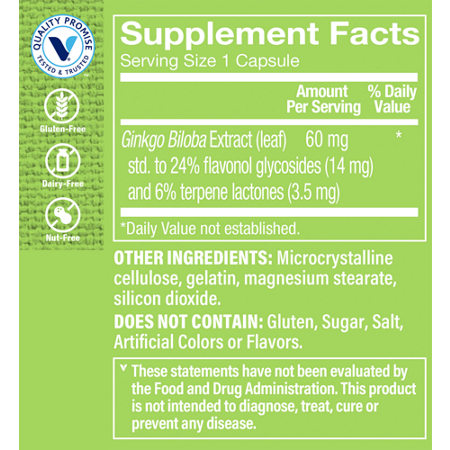 Supplement Facts label for Ginkgo Biloba Extract Cognitive Health 60 MG