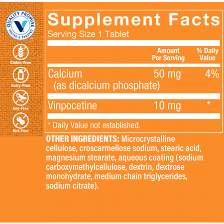 Supplement Facts label for Vinpocetine Supports Memory and Brain Health 10 MG